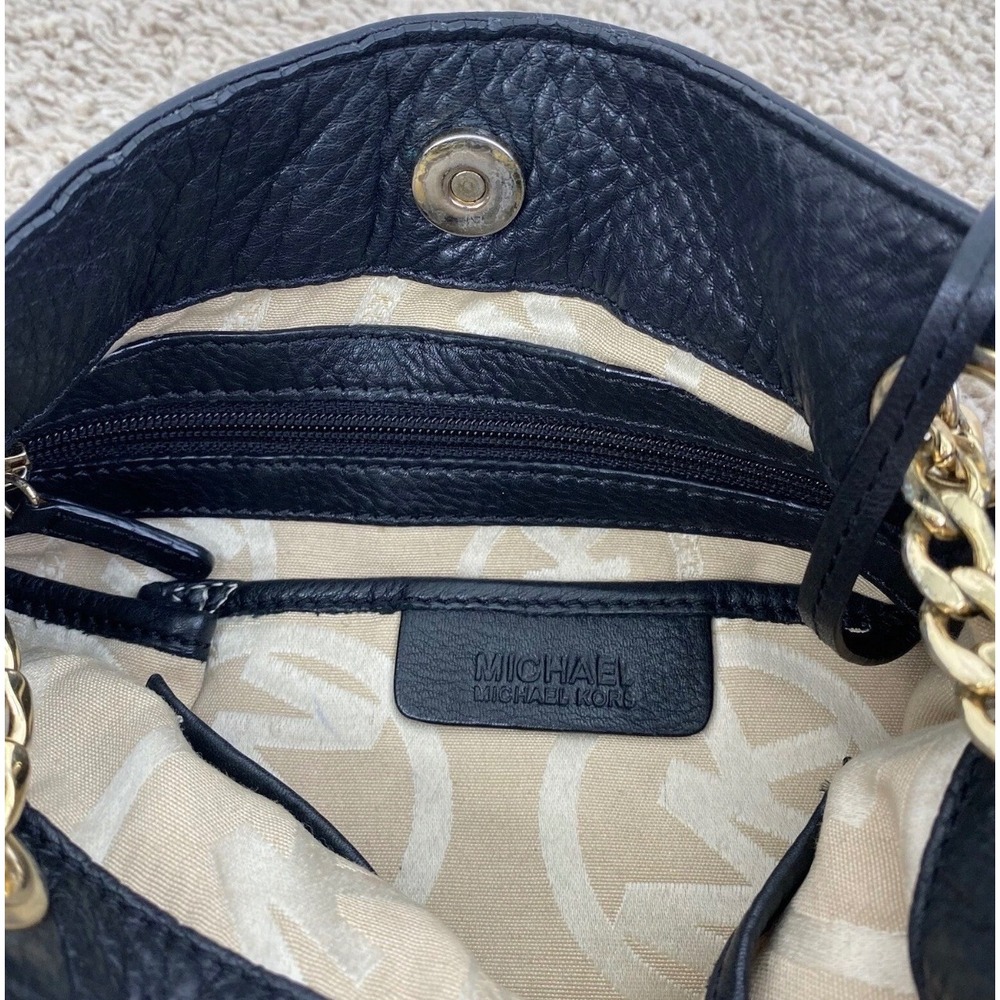 Michael Kors Shoulder Bag Black Leather Slouchy Chain MK Charm Gold Tone Purse - Picture 3 of 12